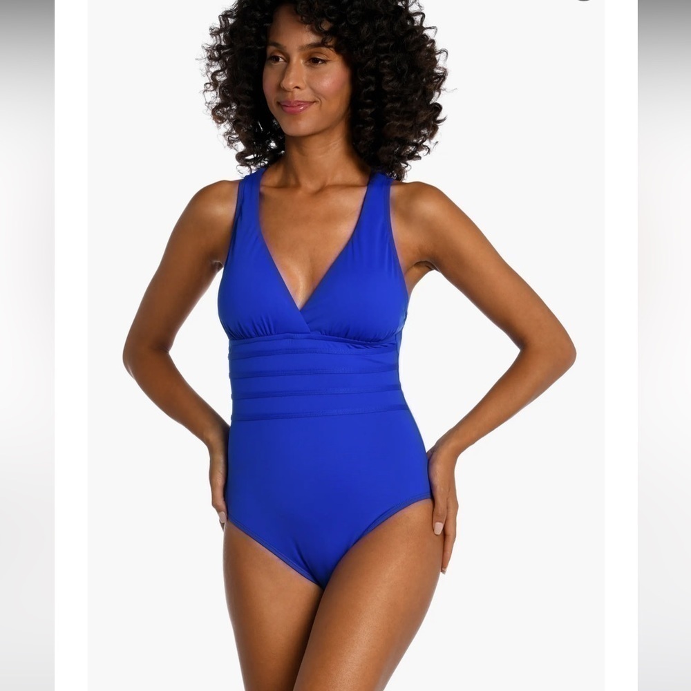 La Blanca Sapphire Blue Criss Cross One Piece Swimsuit 10 - Picture 2 of 16